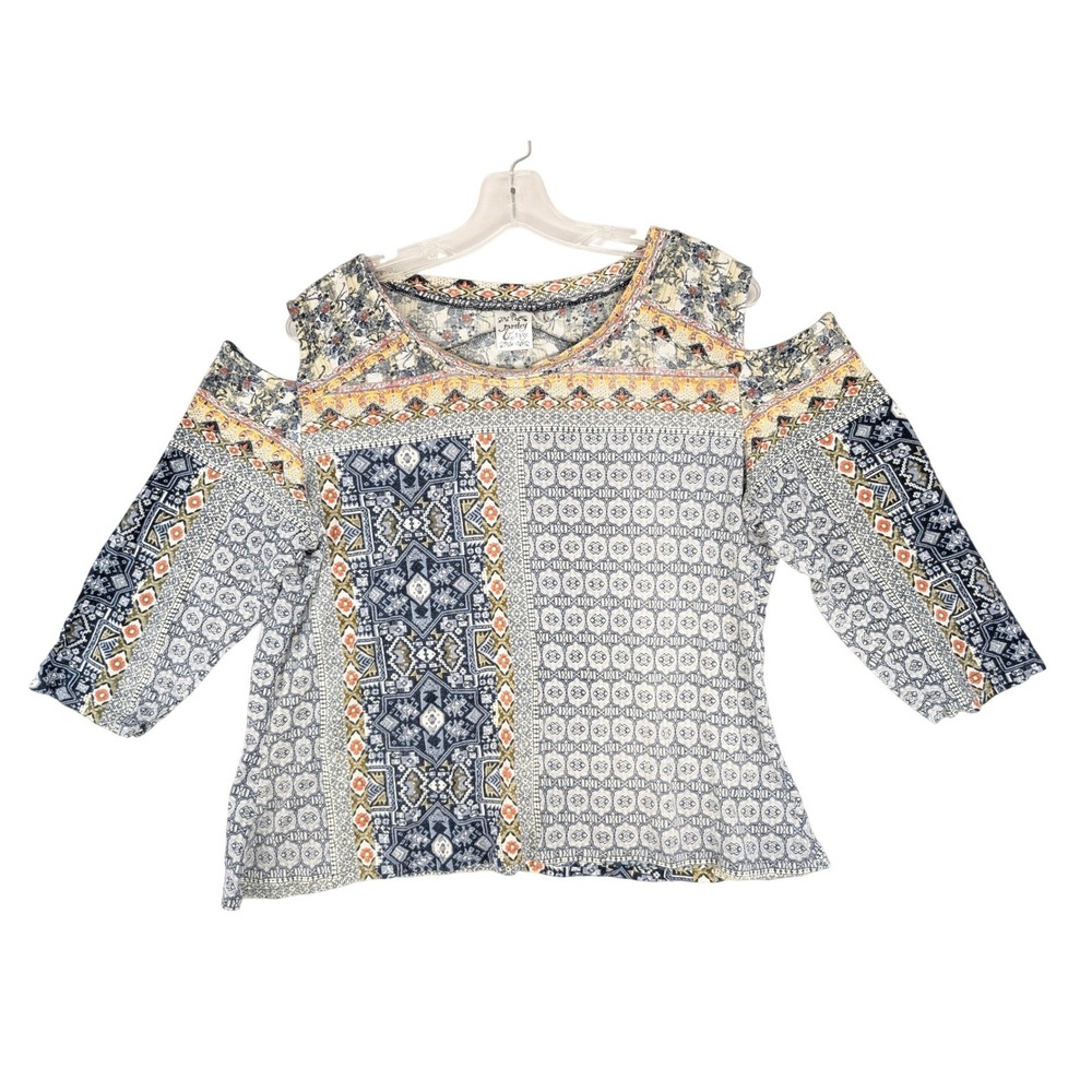 Parsley &‎ Sage Cold Shoulder Top Womens XL Blue Mixed Print Boho 3/4 Sleeve